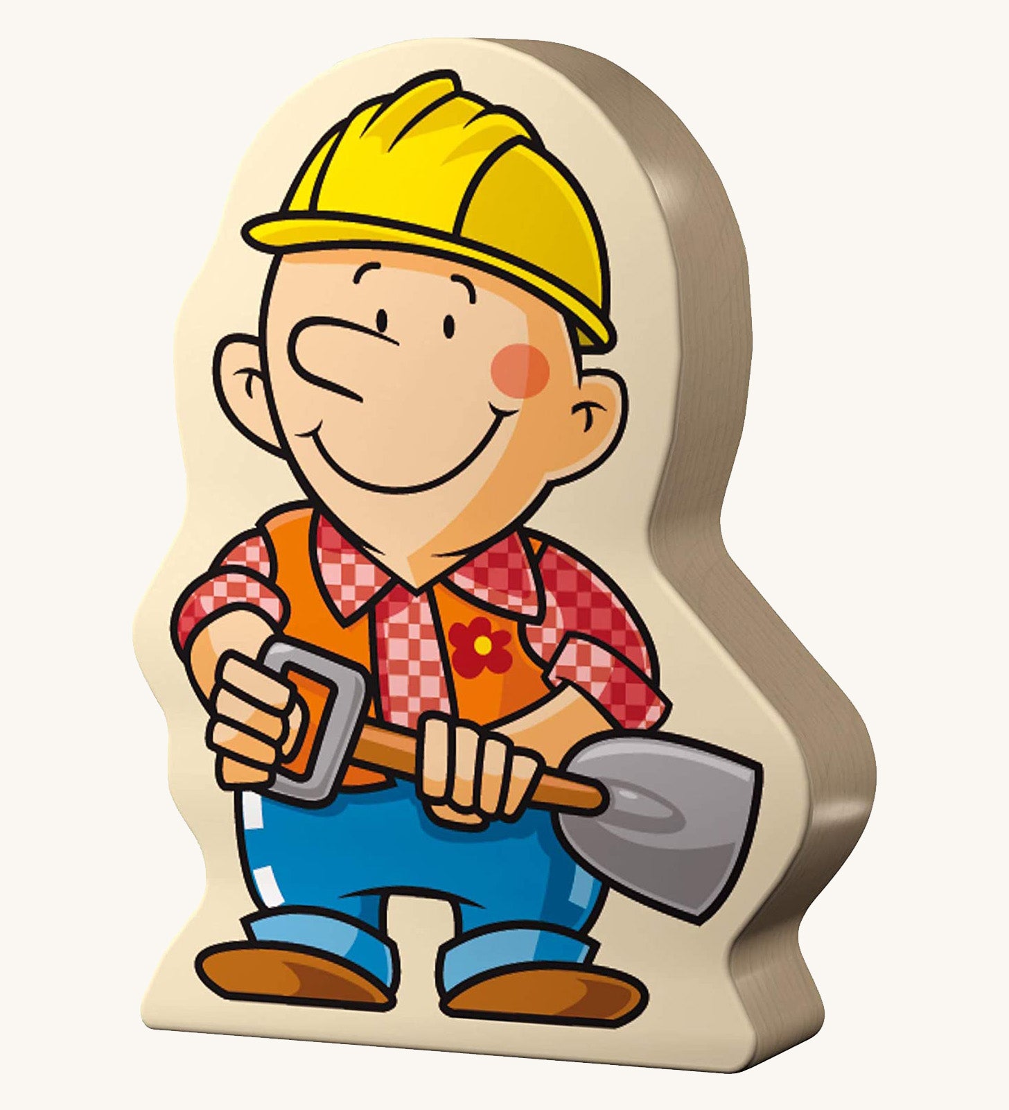 A builder jigsaw piece from the Haba construction jigsaw set on a cream background.