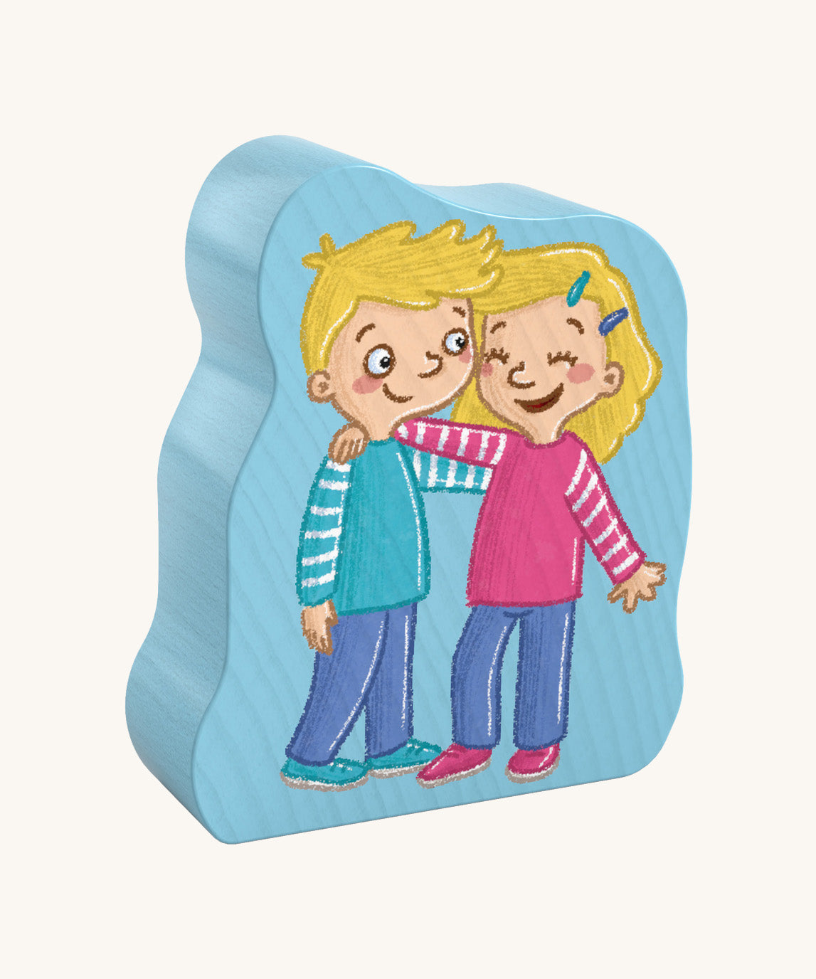 A wooden piece with a picture of a boy and girl on the front from the Haba my day jigsaw set