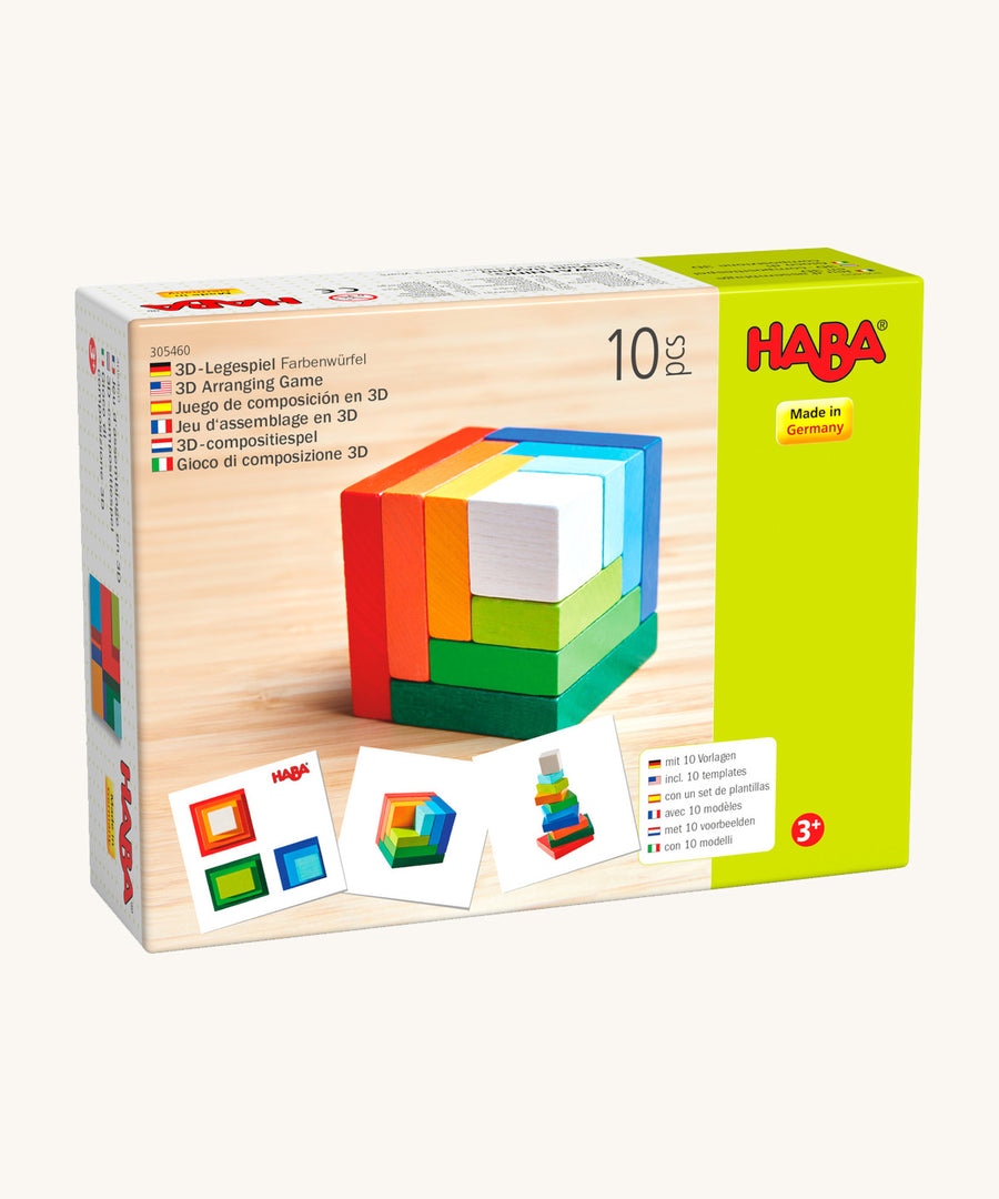 A carboard box with a image of the Haba 3D cube puzzle on a cream background.