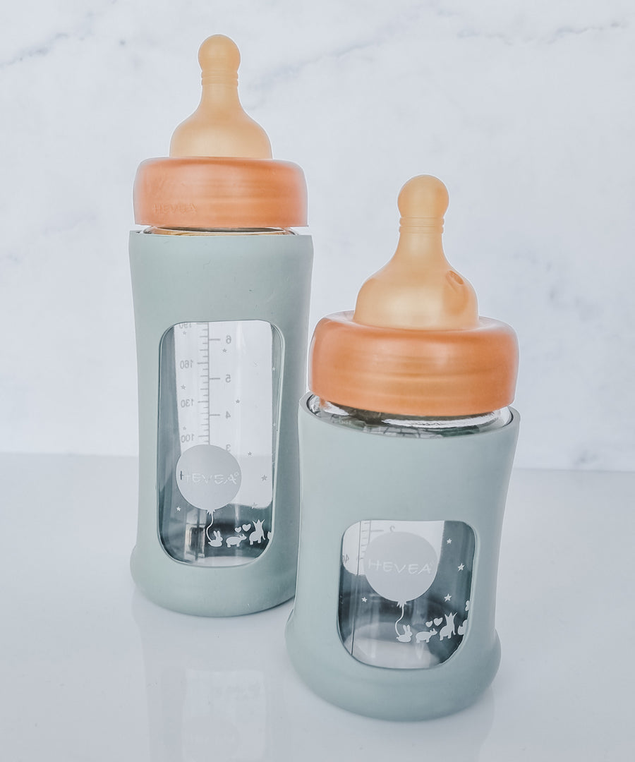 Hevea Glass Bottle Wide Neck With Rubber Sleeve - 250ml and 150ml in Seafoam Blue.