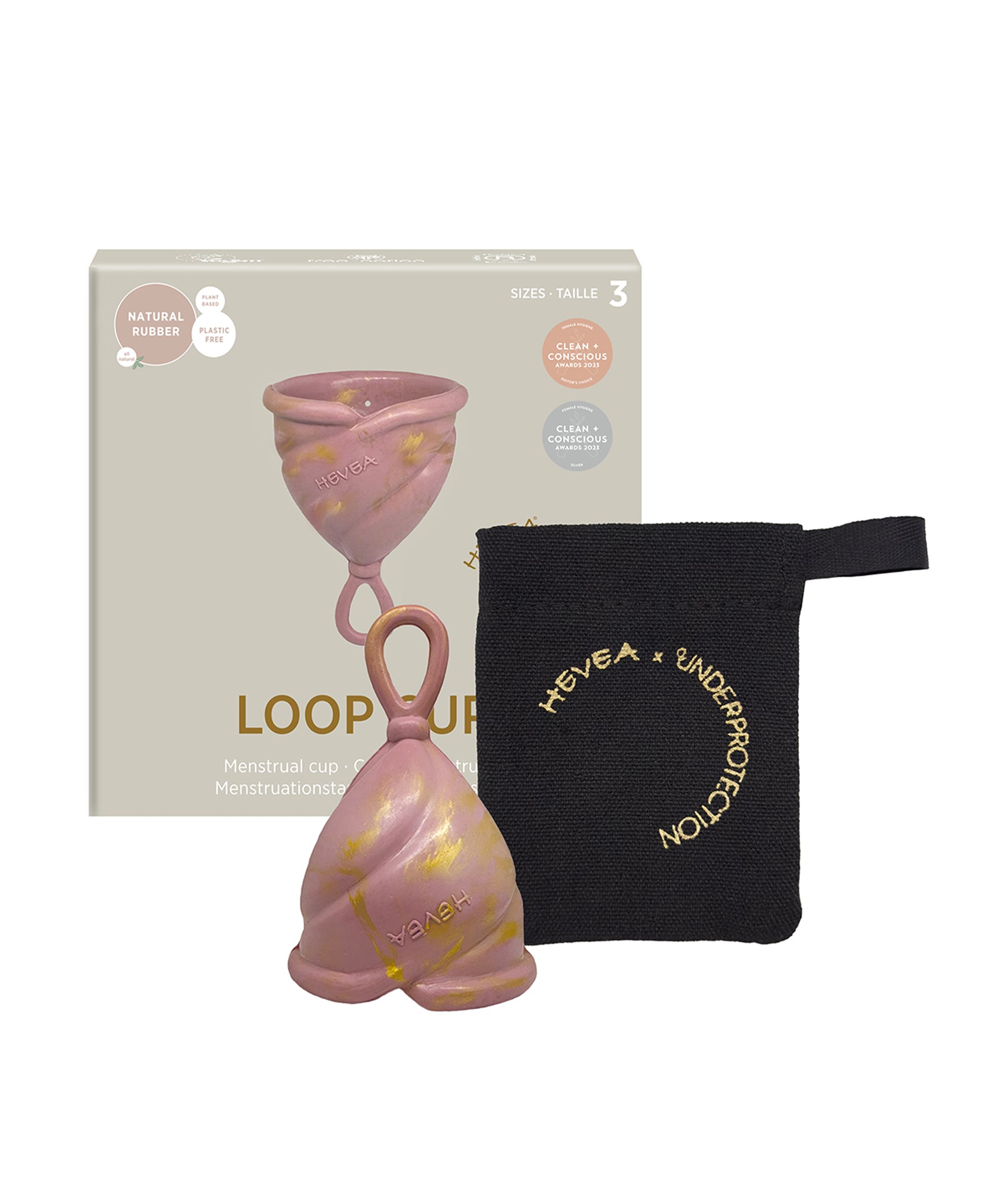 Hevea LOOP menstrual cup in pink, in front of its box with a black cotton storage bag. 