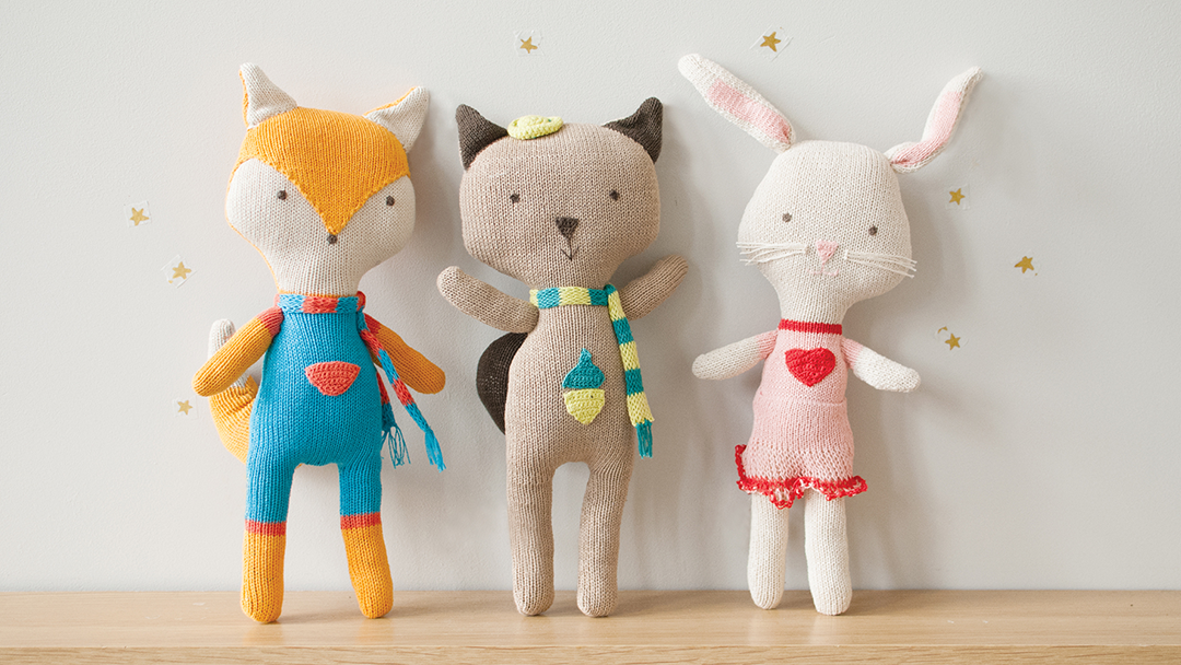 Three Hoppa organic cuddly animal dolls