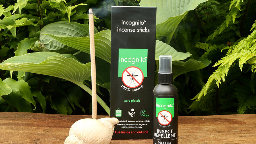 Picture of the Incognito incense stick next to the insect repellent