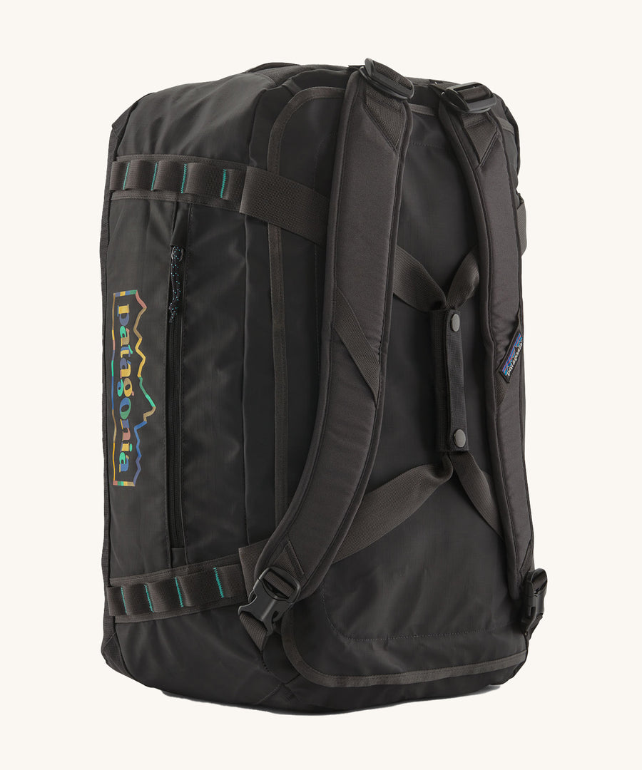 The Patagonia Black Hole Duffel 40L upright showing the carry handles and shoulder straps