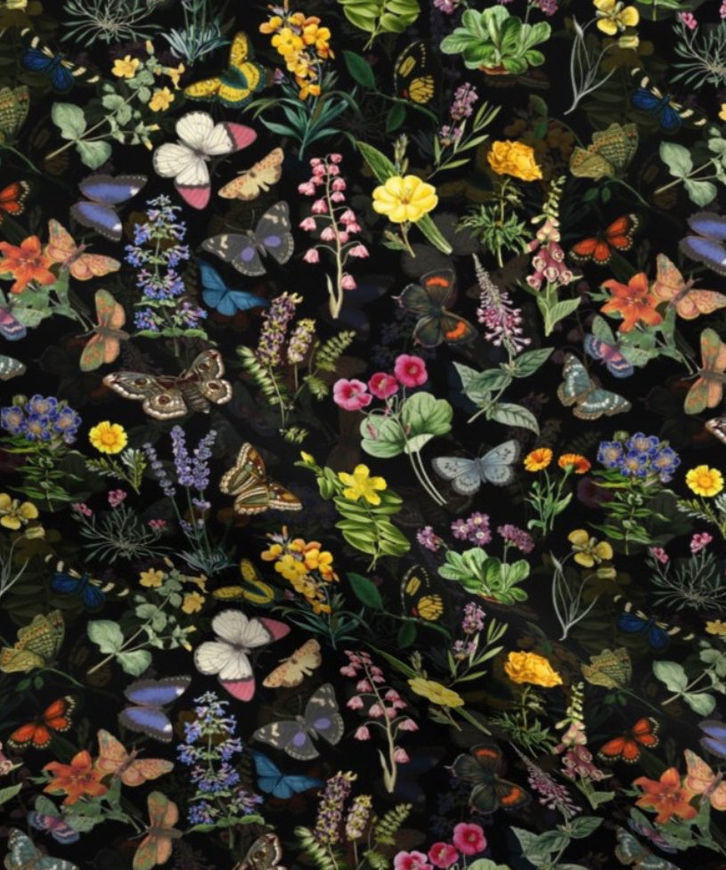 Flower Garden is a beautifully illustrated floral design in soft organic cotton featuring colourful garden flowers and butterflies on a black background.