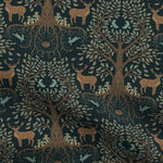 Forest Tree is a beautifully illustrated woodland design in soft organic cotton featuring intricate woodland trees and stags in muted colours on a black background.