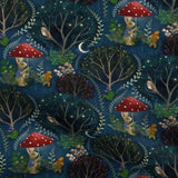 Mr Rabbit is a whimsical illustrated print in soft organic cotton featuring a rabbit with a red mushroom umbrella taking a pet goldfish for a nighttime walk on an inky black background.