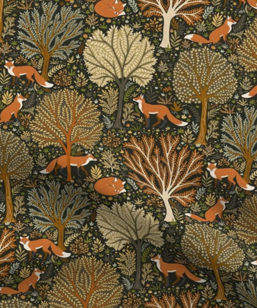 Woodland Fox is a beautifully illustrated print in soft organic cotton featuring woodland trees in autumnal tones and red foxes on a black background.