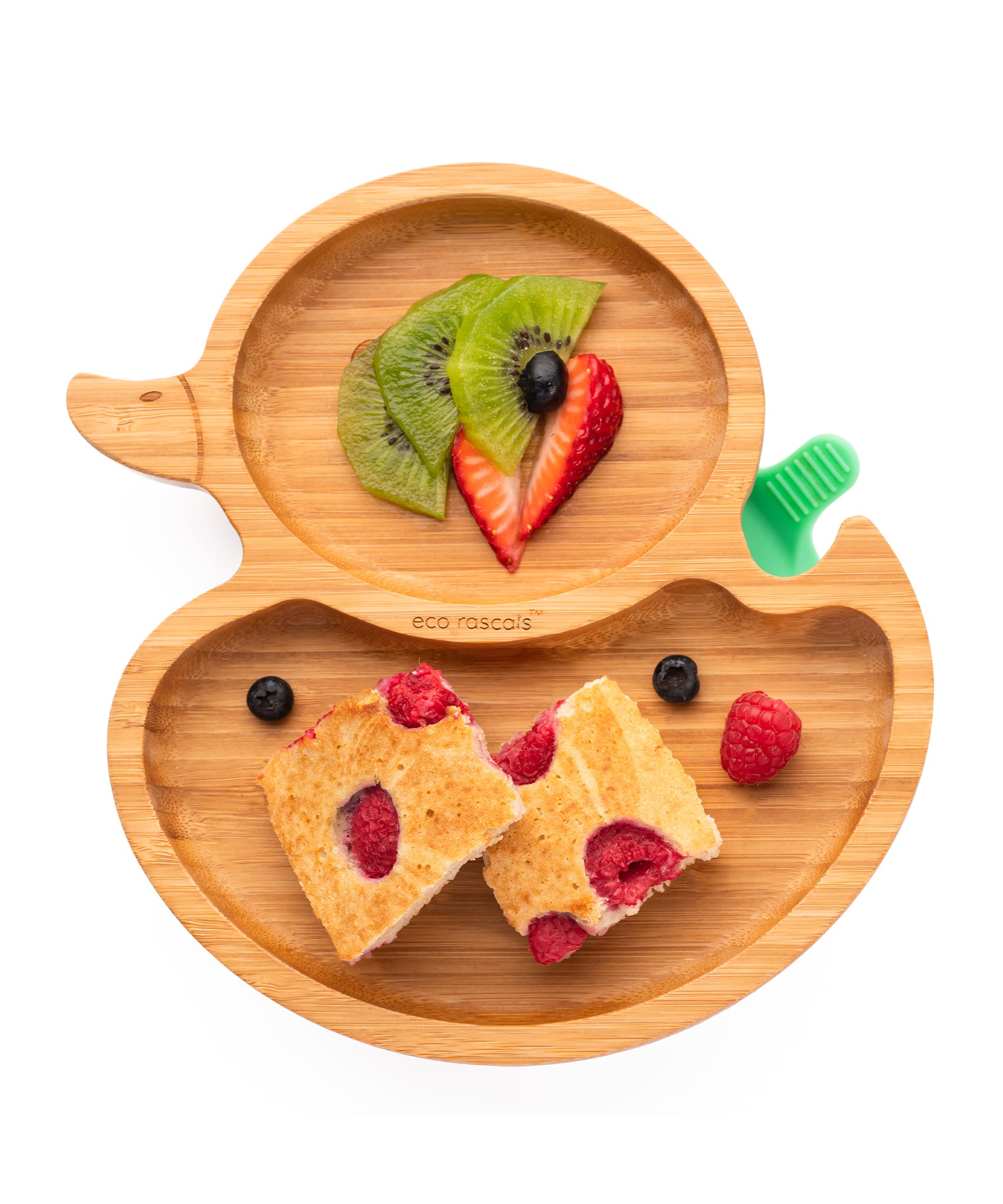 Eco Rascals Duck Bamboo Suction Plate, with fresh fruit and raspberry loaf.