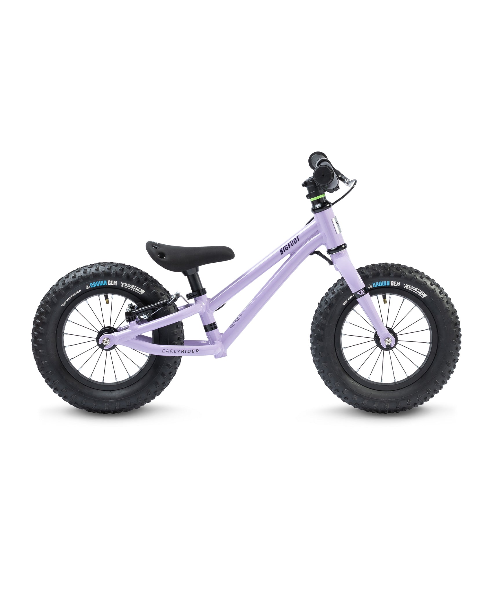 A side profile view of the Early Rider Big Foot Balance Bike - Violet Haze, on a cream background