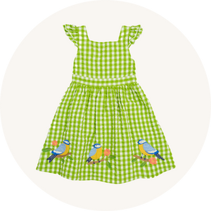 Frugi Zaria Dress in Macaw Gingham Birds – GOTS-certified organic cotton seersucker. A green gingham dress featuring ruffled sleeves, a charming donkey applique, and colorful floral embroidery.