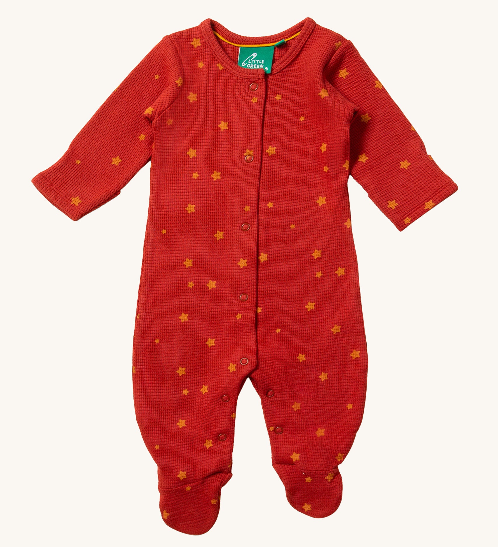 LGR Waffle Babygrow - Hazlenut Stars in a beautiful red fabric, with waffle texture and golden start print all over