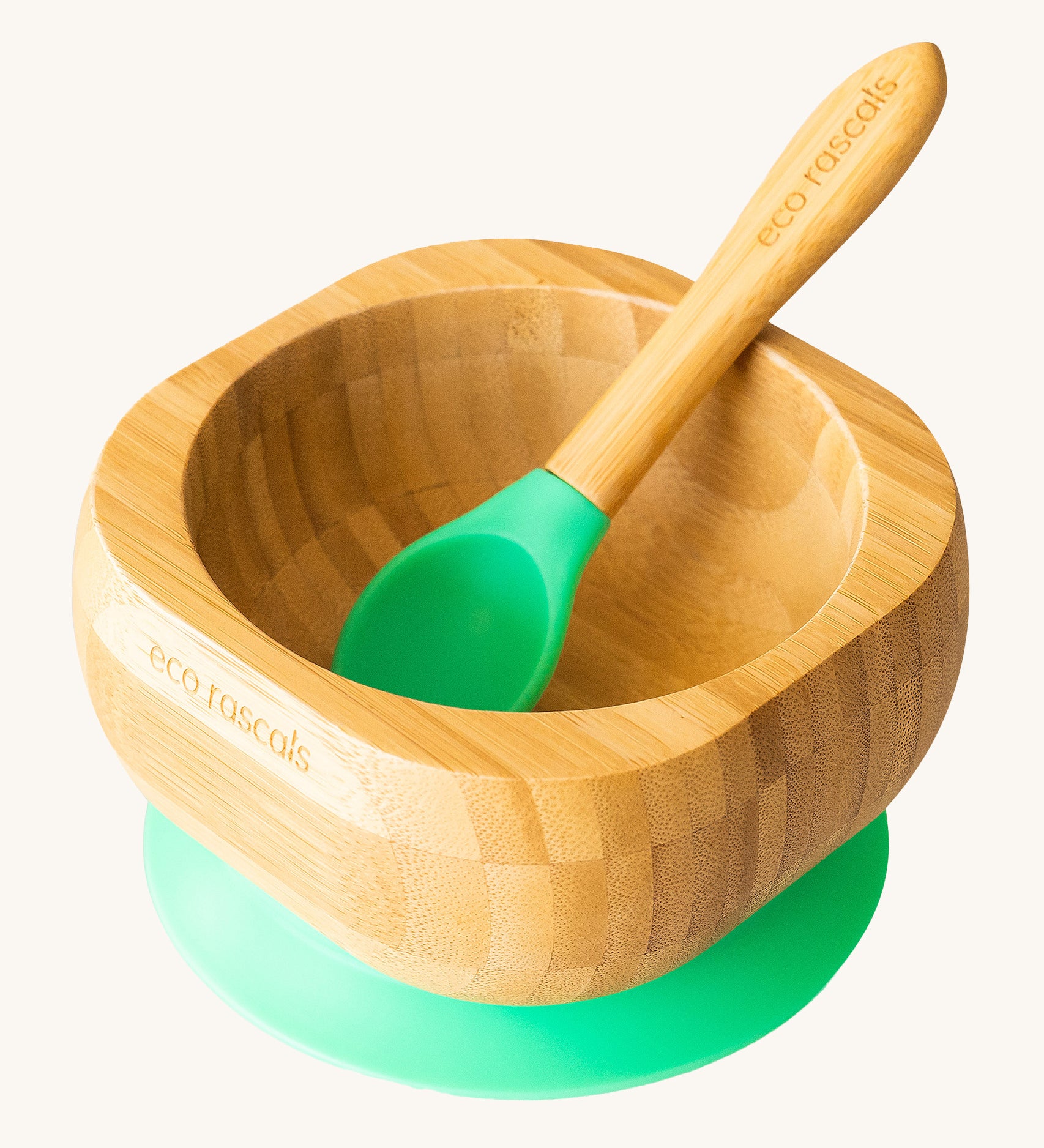 Eco Rascals Bamboo Bowl & Spoon Weaning Set in green silicone.