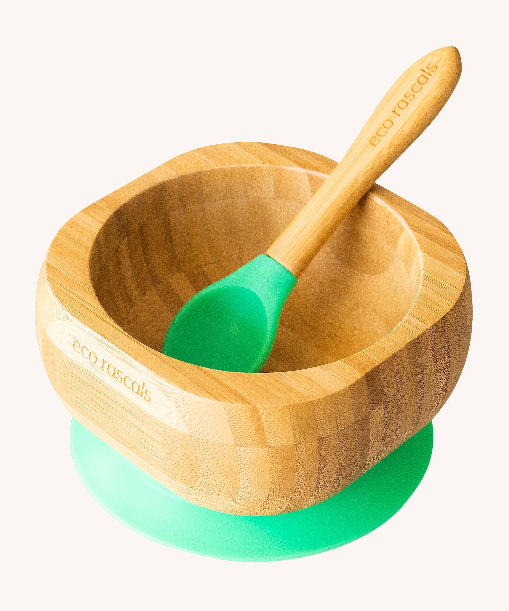 Eco Rascals Bamboo Bowl & Spoon Weaning Set in green silicone.