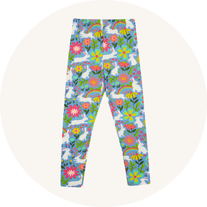 Frugi Libby Leggings Bunny Bounce- GOTS organic cotton with a colourful spring print filled with bunnies, rainbows and flowers on a lavender background.