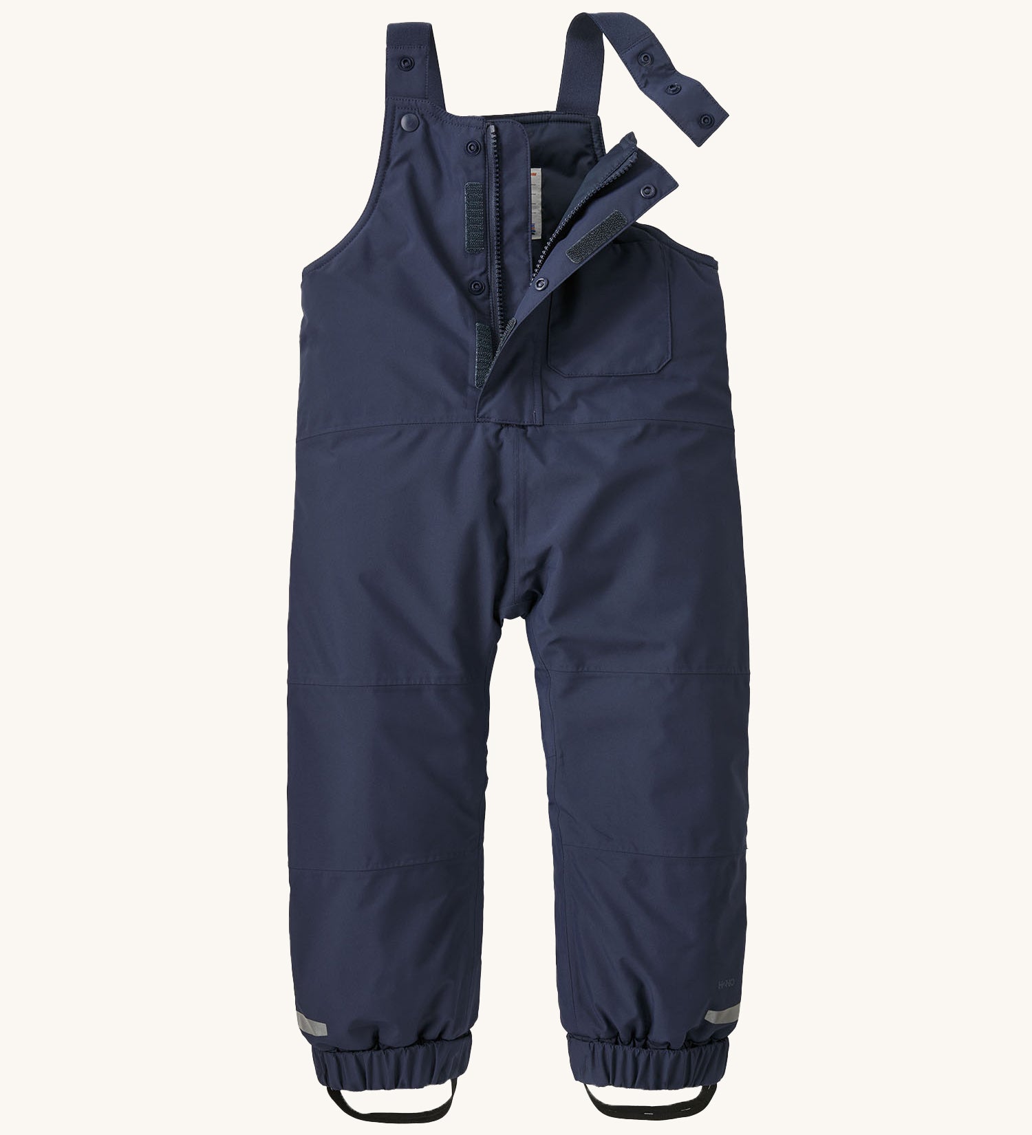 Patagonia Baby Snow Pile Bibs - New Navy showing the zip up wind-flap and adjustable shoulder straps