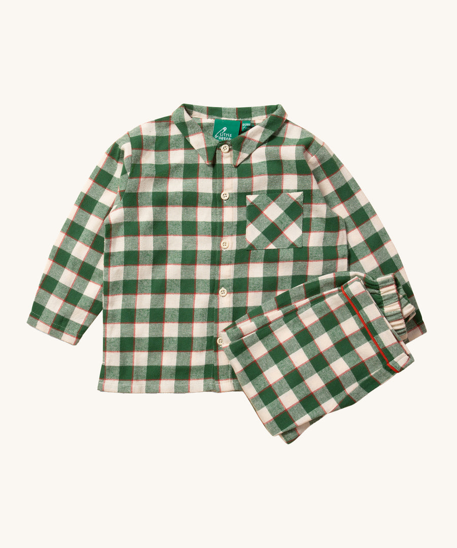 Little Green Radicals Classic Check Pyjamas in Fern Green. A green and cream check pyjama shirt buttons down the front, with a chest pocket, with matching bottoms which have an elasticated waistband for a comfy fit