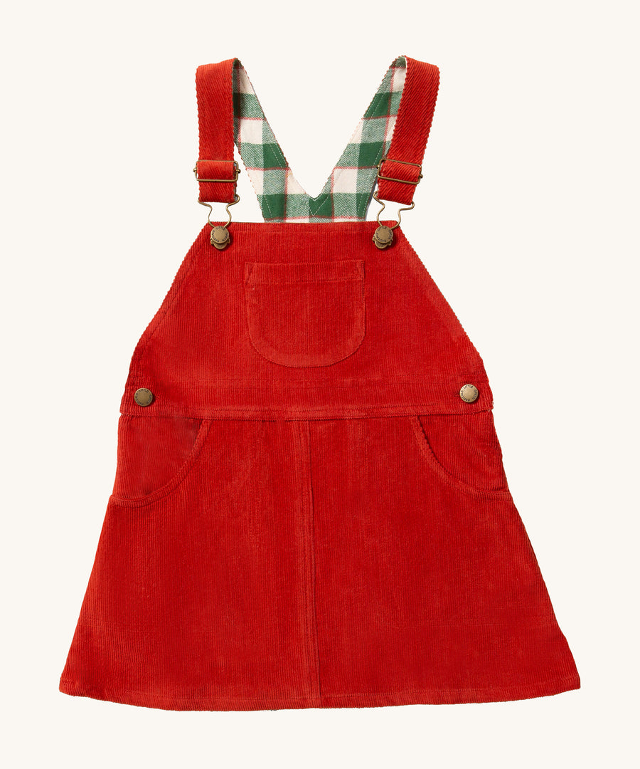 LGR Classic Pinafore Dress - Hazelnut. This is a pinafore dress in  red, with a green chequered inner lining. It also has adjustable straps 