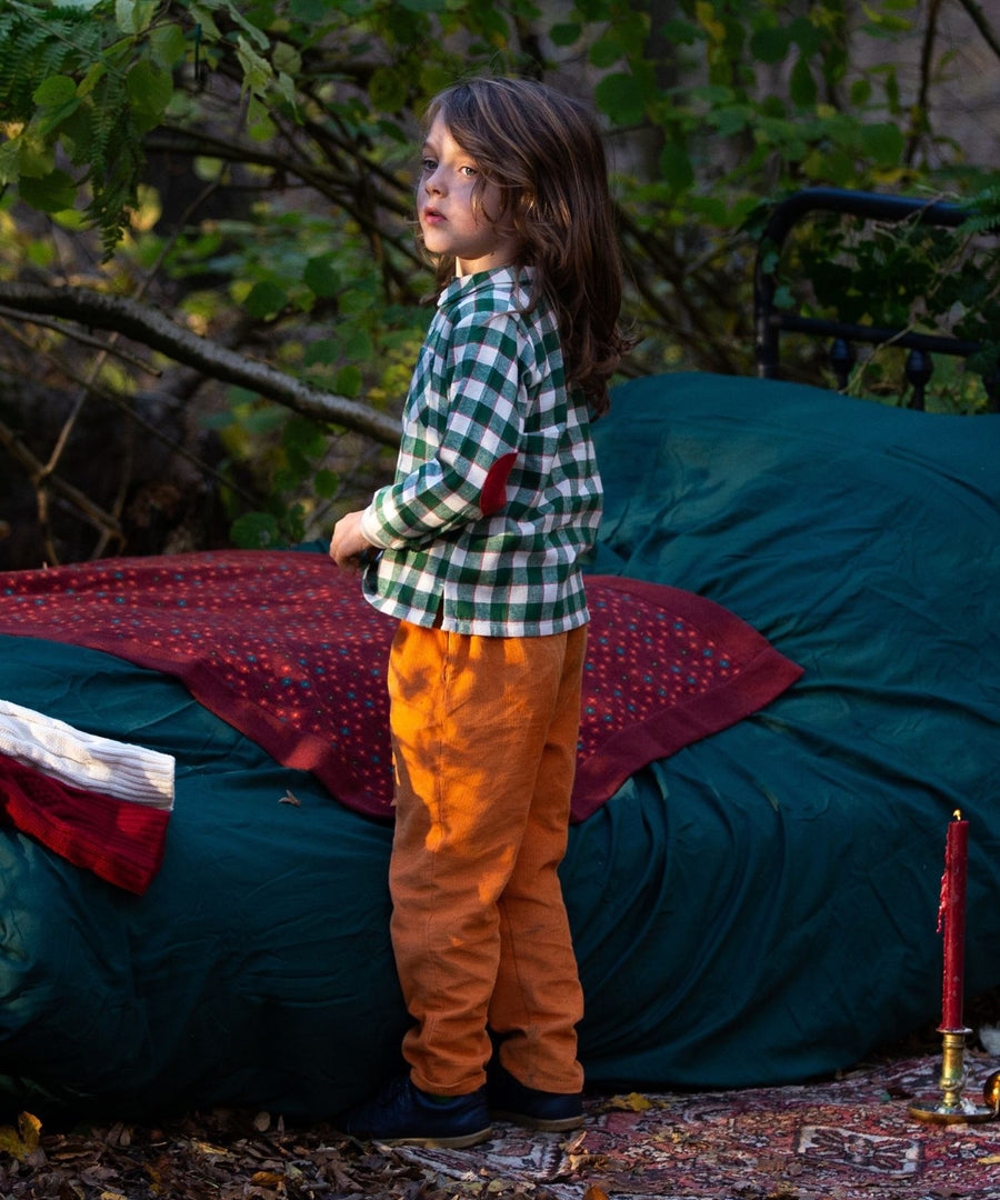 A child looking afar, with sun gently shining on their face, wearing the Little Green Radicals Check Long Sleeve Shirt - Fern Green with yellow trousers