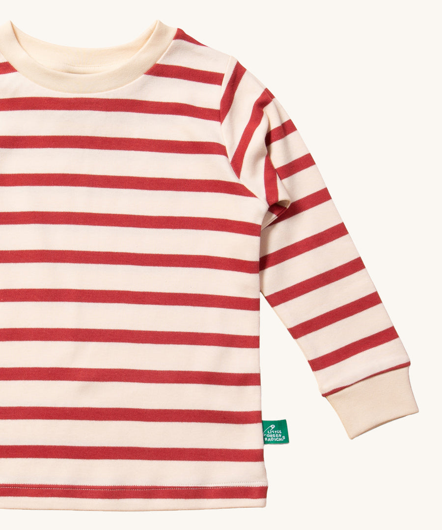 A closer look at the lovely, soft fabric, and read and white stripes on the Little Green Radicals Everyday Outfit Set - Stripes Forever Red