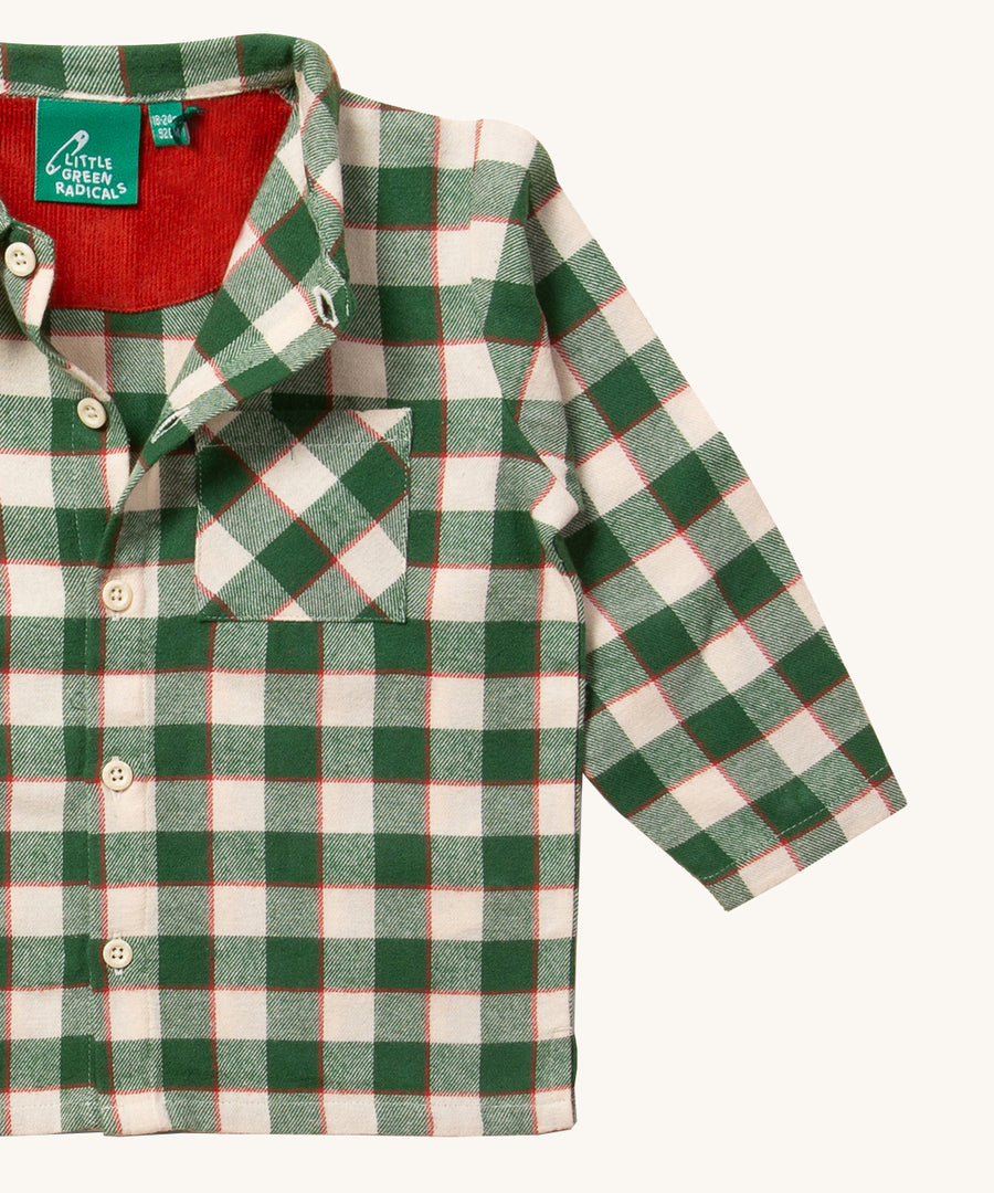 A closer look at the check print, pocket and buttons on the Little Green Radicals Check Long Sleeve Shirt - Fern Green