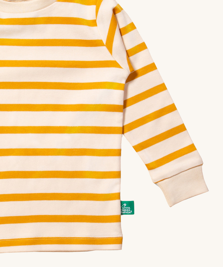 A closer look at the soft fabric, and yellow and white stripes on the Little Green Radicals Everyday Outfit Set - Stripes Forever Gold