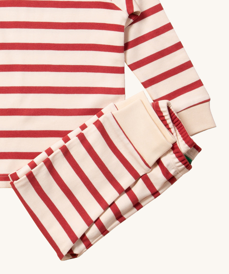 A closer look at the soft, comfy fabric and red and white stripe of the Everyday Outfit Set - Stripes Forever Red