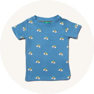 Blue rainbow print top from Little Green Radicals on cream background to represent kids tops at Babipur.