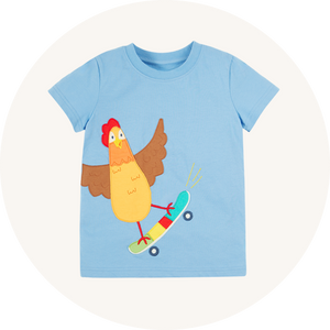 Frugi Avery Applique T-Shirt- GOTS organic cotton, light blue top with a playful applique of a chicken skateboarding.