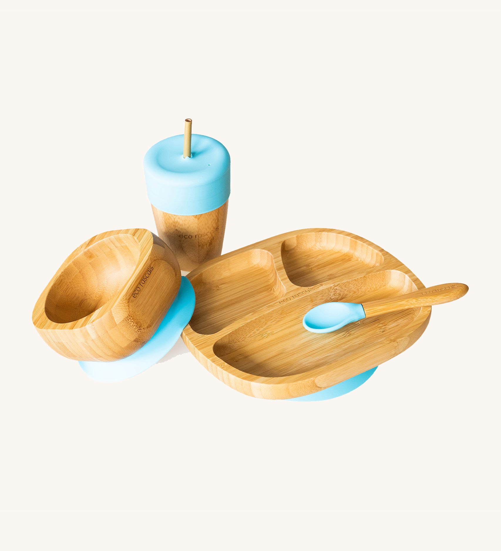 Eco Rascals Bamboo Section Plate Gift Set, a bowl, portion plate, baby spoon and cup with straw in bamboo and blue silicone. 