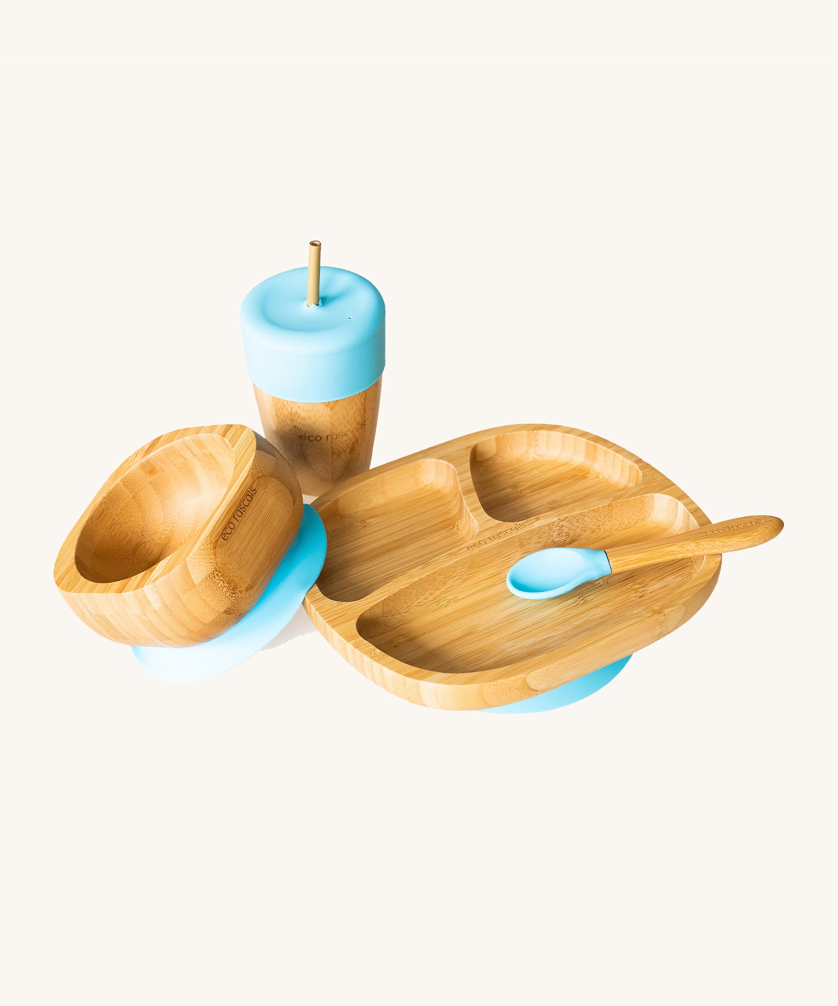 Eco Rascals Bamboo Section Plate Gift Set, a bowl, portion plate, baby spoon and cup with straw in bamboo and blue silicone. 