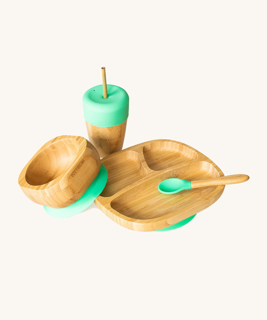 Eco Rascals Bamboo Section Plate Gift Set, a bowl, portion plate, baby spoon and cup with straw in bamboo and green silicone.