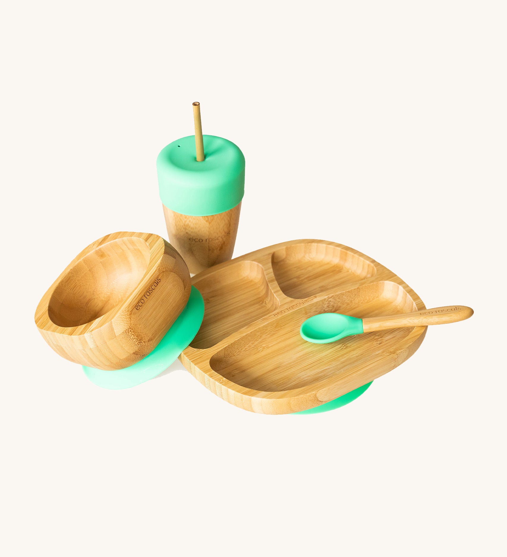 Eco Rascals Bamboo Section Plate Gift Set, a bowl, portion plate, baby spoon and cup with straw in bamboo and green silicone.