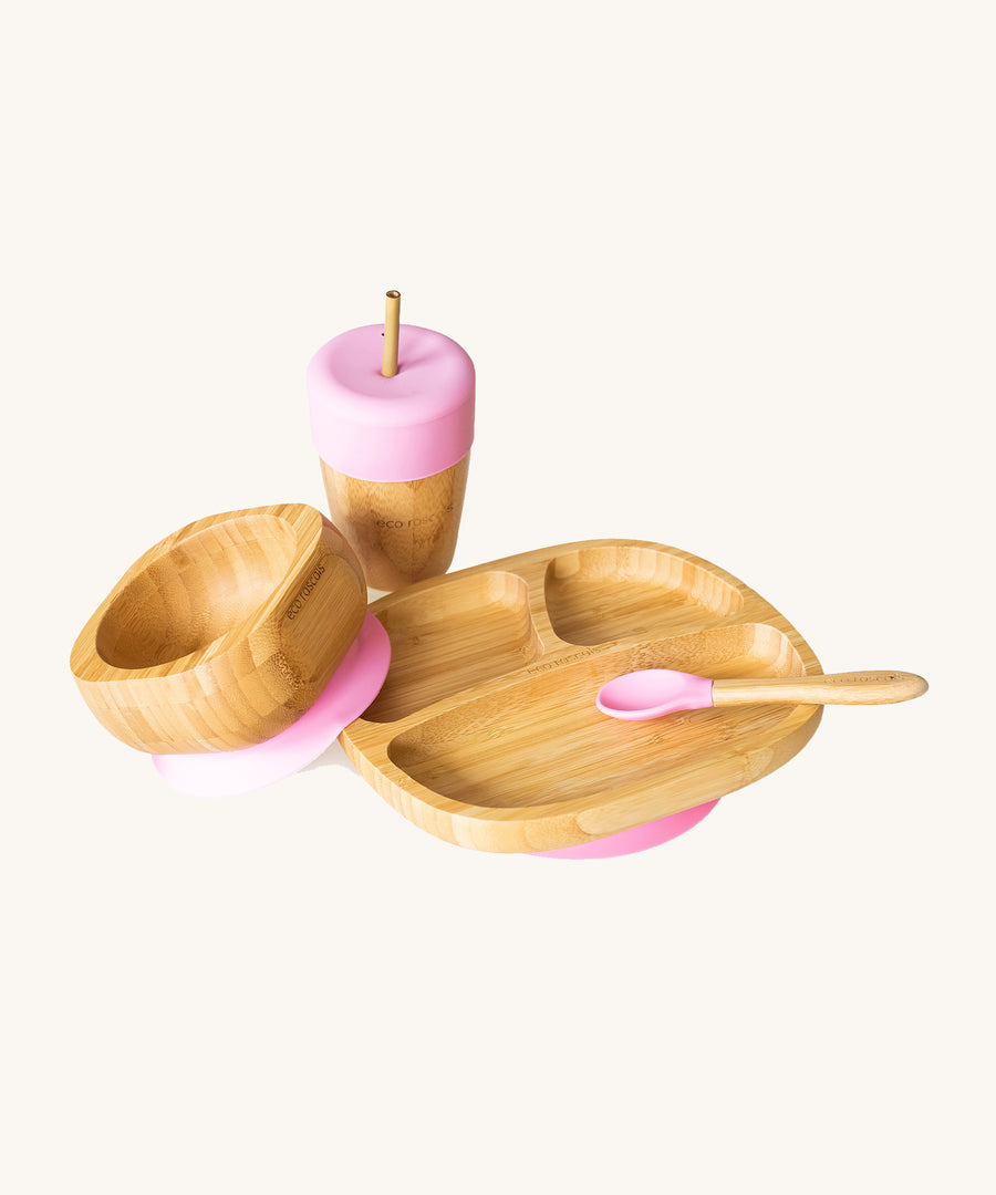 Eco Rascals Bamboo Section Plate Gift Set, a bowl, portion plate, baby spoon and cup with straw in bamboo and pink silicone.