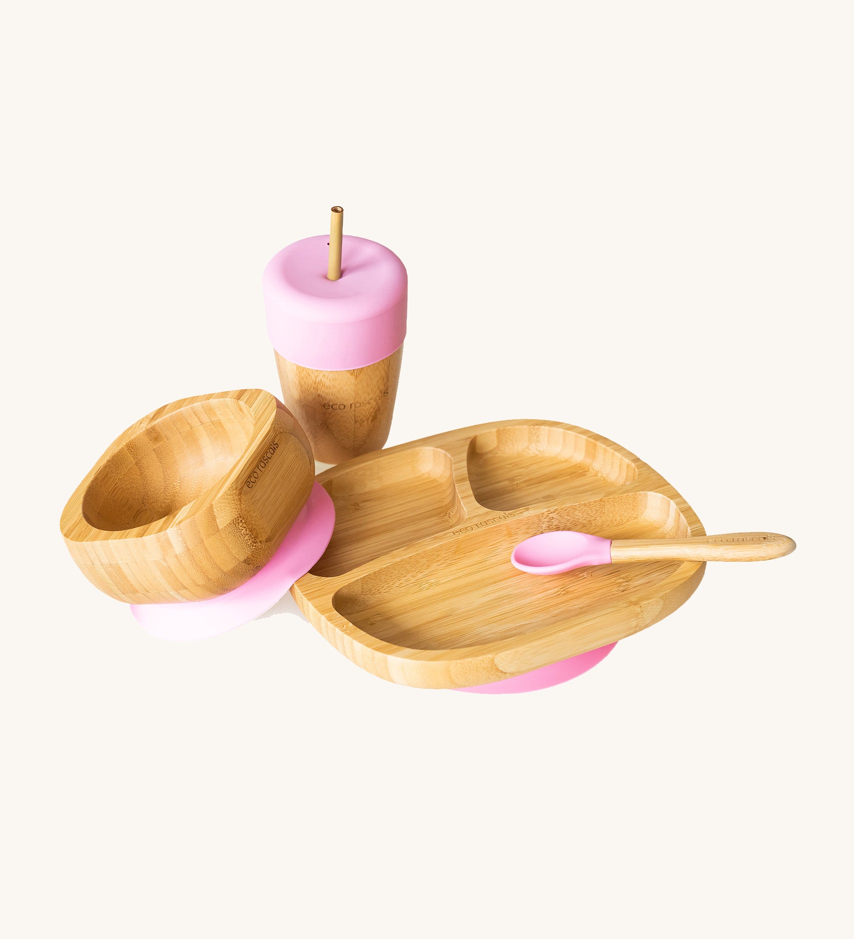 Eco Rascals Bamboo Section Plate Gift Set, a bowl, portion plate, baby spoon and cup with straw in bamboo and pink silicone.