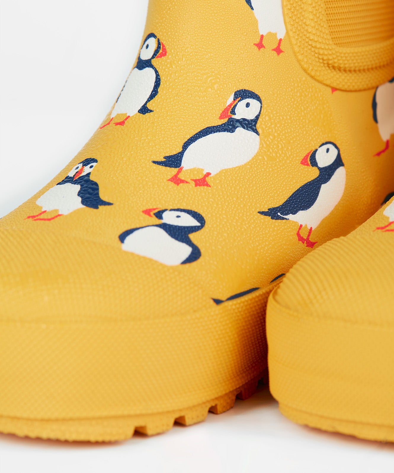 Frugi kids yellow wellington boots puffin design toe detail