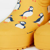 Frugi kids yellow wellington boots puffin design toe detail