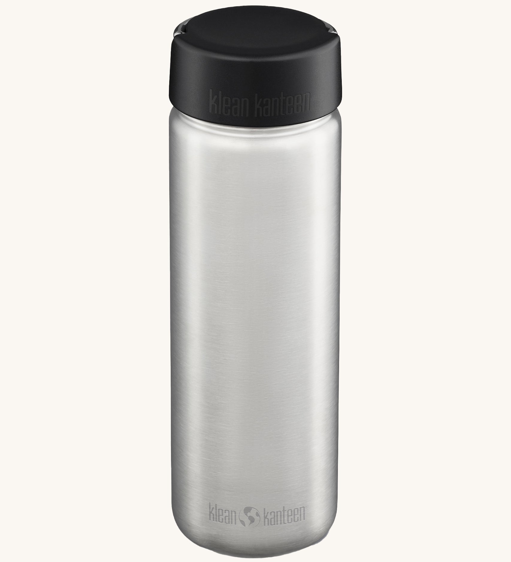 Klean Kanteen 27oz Wide Bottle with loop cap, on a cream background