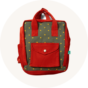 Little Green Radicals Kids Backpack - Ready For Adventure / Yellow Stars - Fairtrade and GOTS organic twill cotton with two red side pockets, handles and straps, a khaki front with star print and a red envelope pocket.