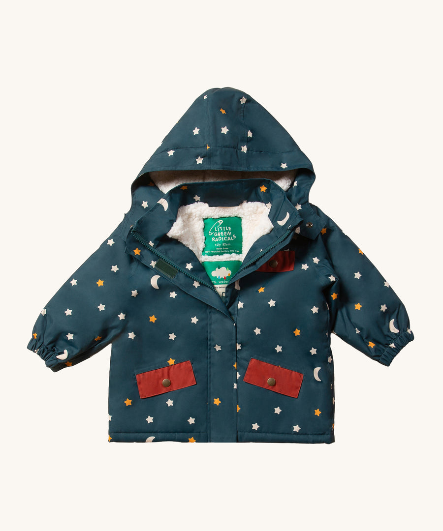 LGR Adventure Waterproof Winter Coat. A deep blue fabric, with delicate star and moon print and hazelnut pockets