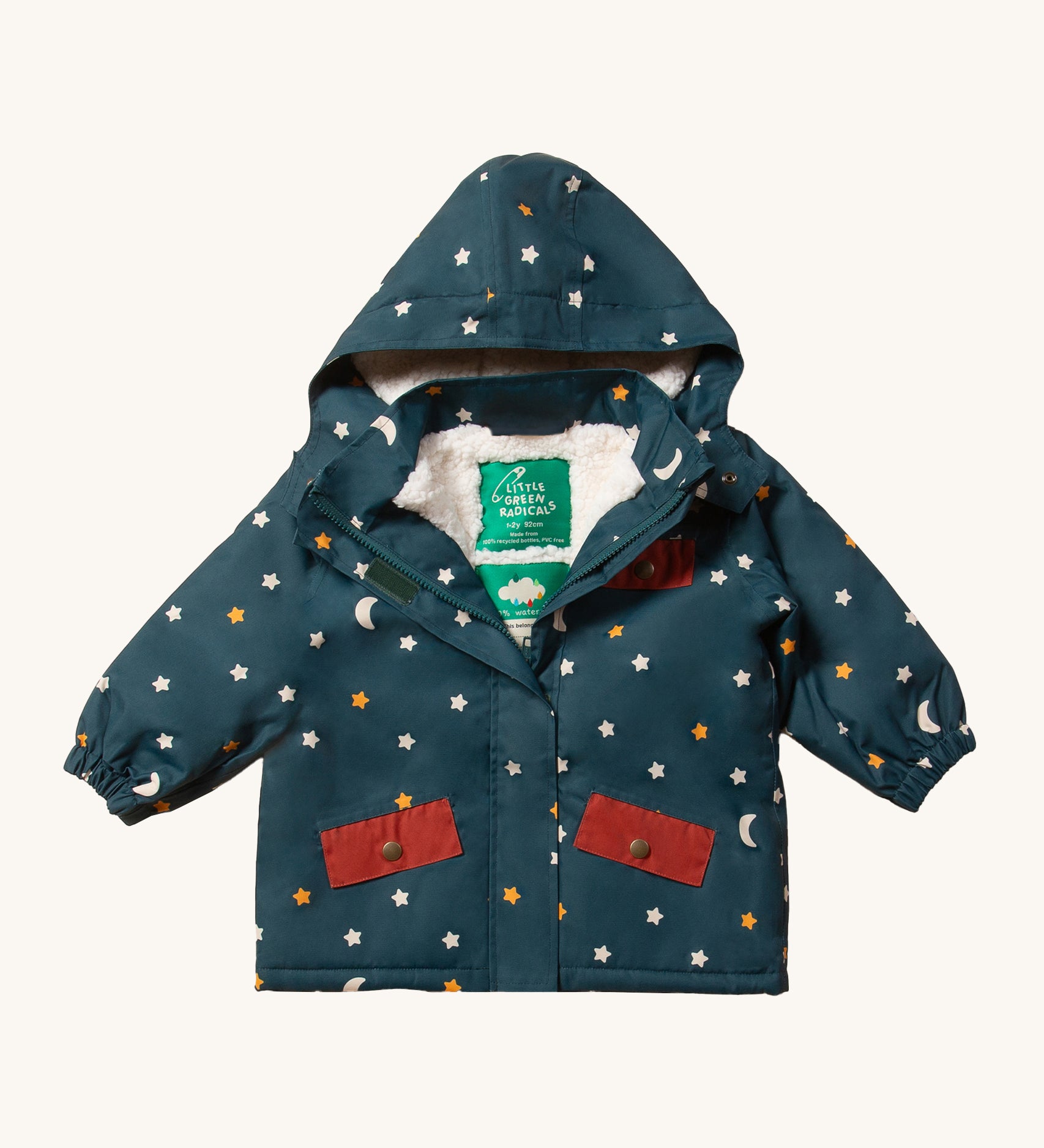 LGR Adventure Waterproof Winter Coat. A deep blue fabric, with delicate star and moon print and hazelnut pockets