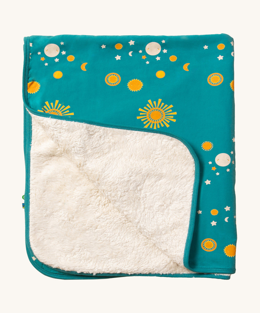 LGR Sun & Stars Sherpa Baby Blanket. A gorgeous teal blanket with colourful stars and moon print, lined with a soft cream fleece