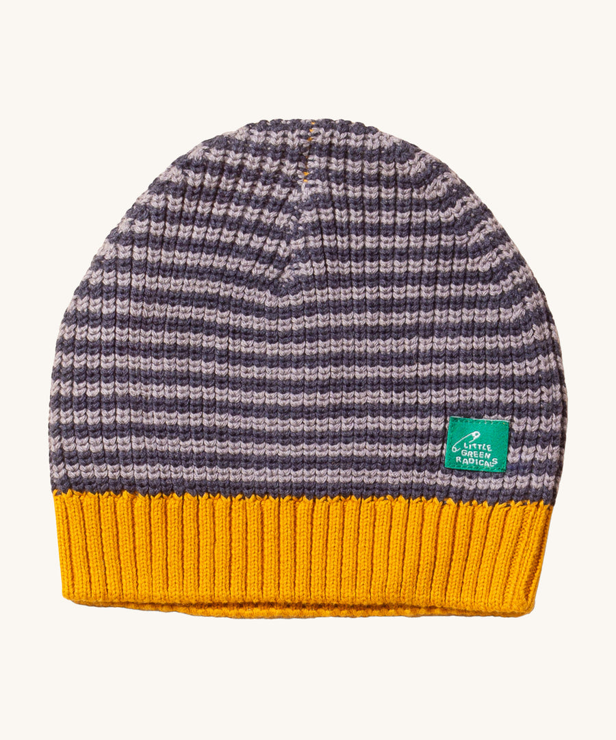 LGR Dreamy Blue Knitted Beanie Hat, with muted blue stripes and a mustard yellow band at the bottom of the beanie