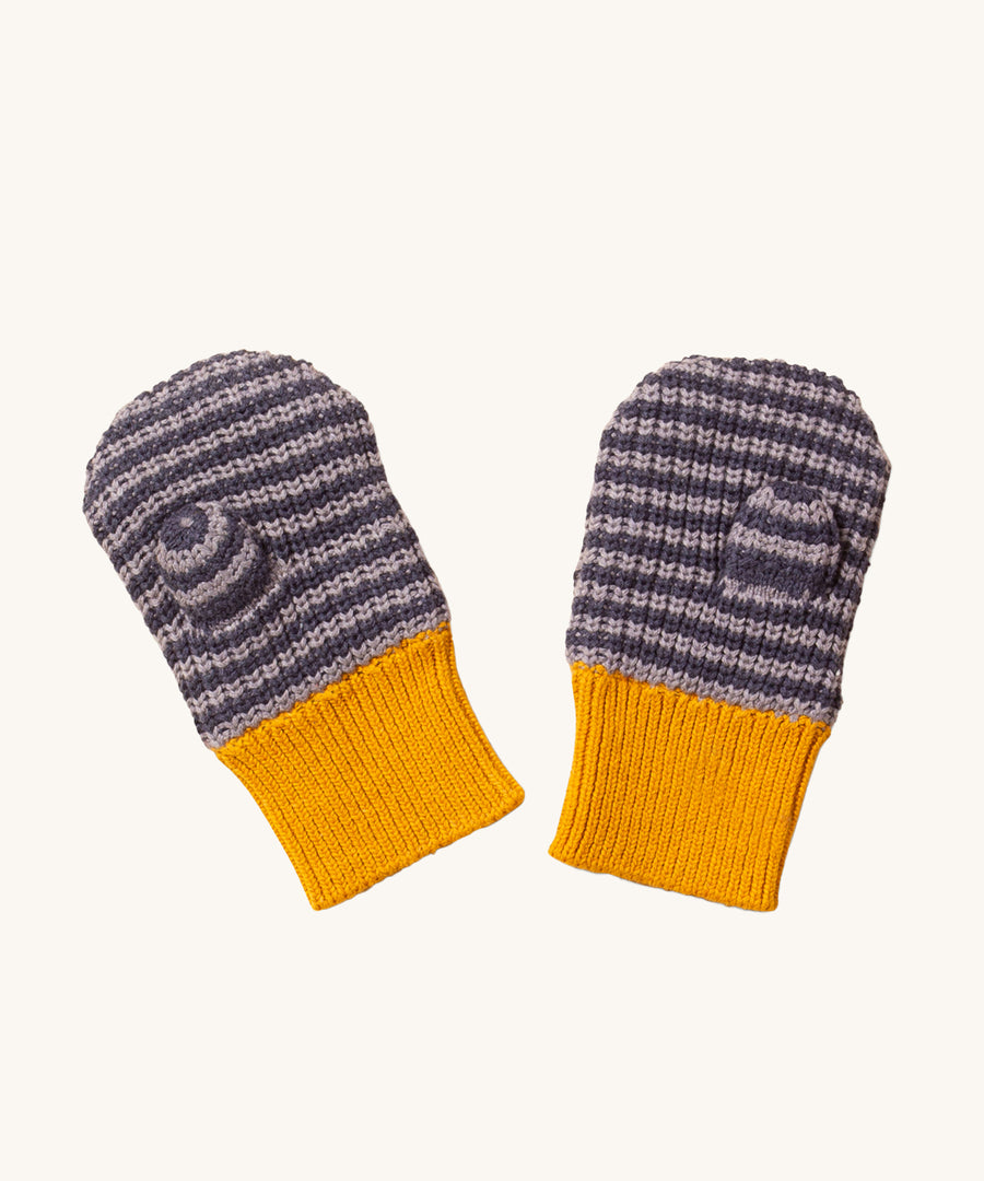 LGR Dreamy Blue Striped Knitted Mittens. Lovely blue striped mittens with mustard yellow, elasticated wrist cuffs