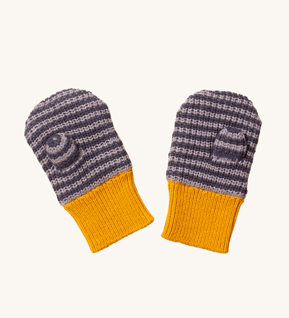 LGR Dreamy Blue Striped Knitted Mittens. Lovely blue striped mittens with mustard yellow, elasticated wrist cuffs