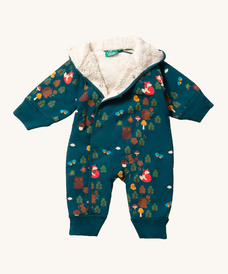 LGR Enchanted Forest Sherpa Fleece Snowsuit. A dark teal fabric with an adorable woodland print, Fold-over cuffs on the arms and legs to keep hands and feet warm, and to give room for growth and a soft fleece lining