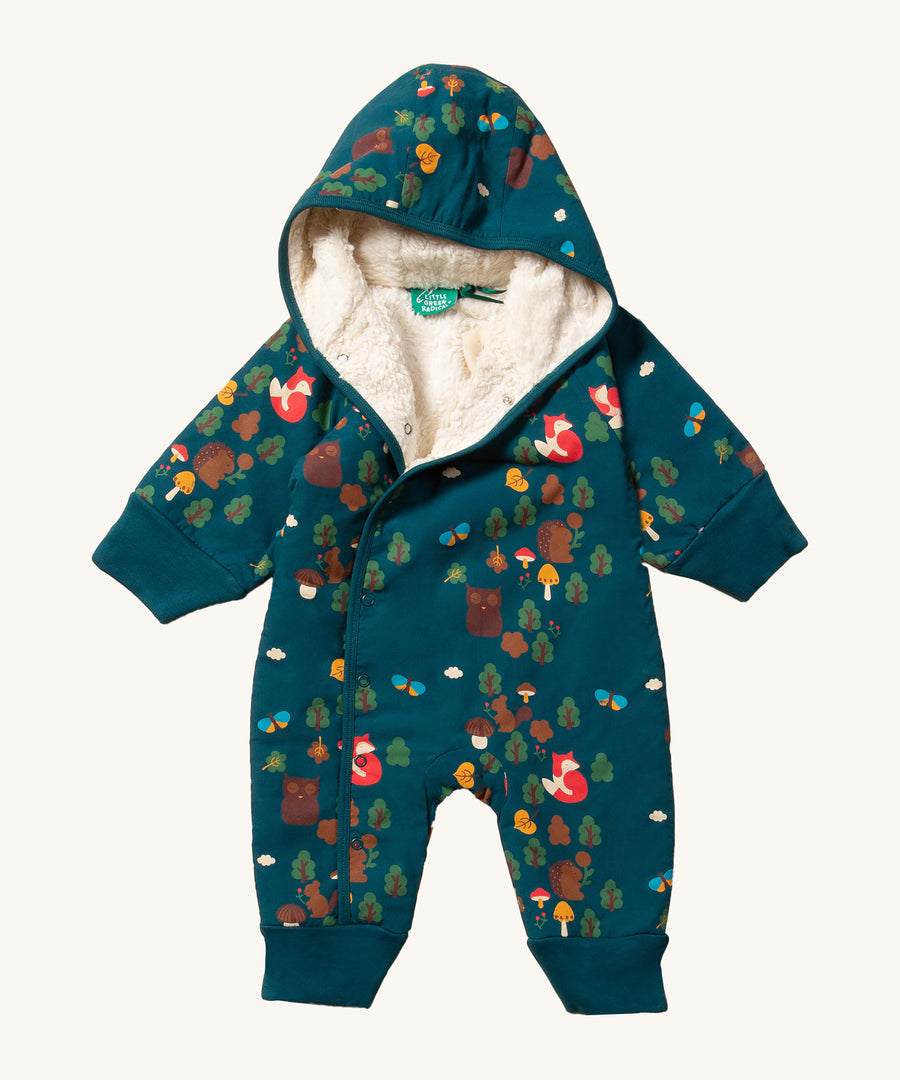 LGR Enchanted Forest Sherpa Fleece Snowsuit. A dark teal fabric with an adorable woodland print, Fold-over cuffs on the arms and legs to keep hands and feet warm, and to give room for growth and a soft fleece lining