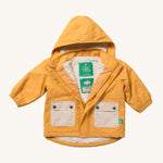 LGR childrens yellow waterproof rain jacket laid out on a cream background