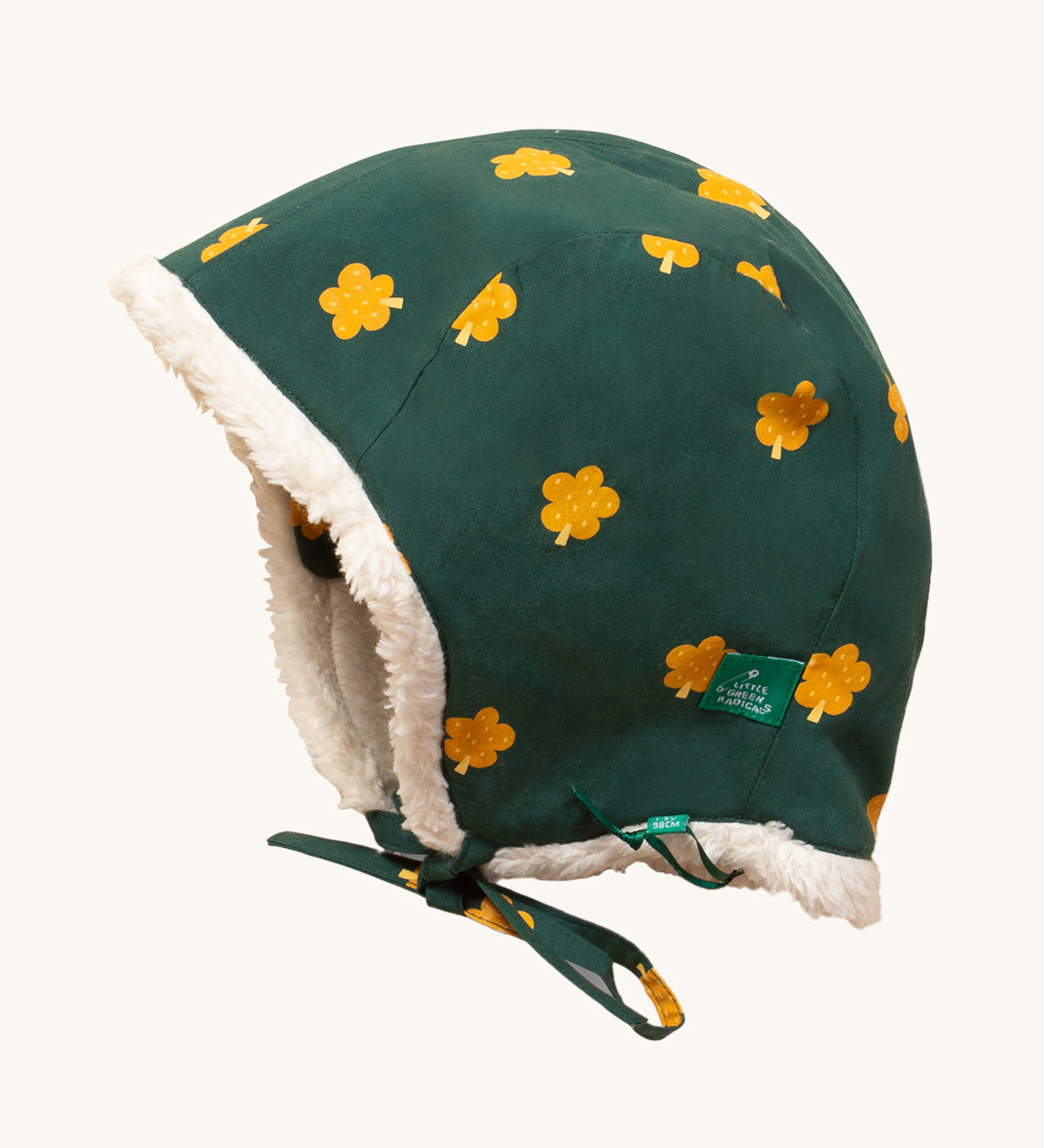 LGR Golden Leaves Sherpa Hat. A dark green fabric with golden leaf print, a tie chin strap and a cosy fleece lining