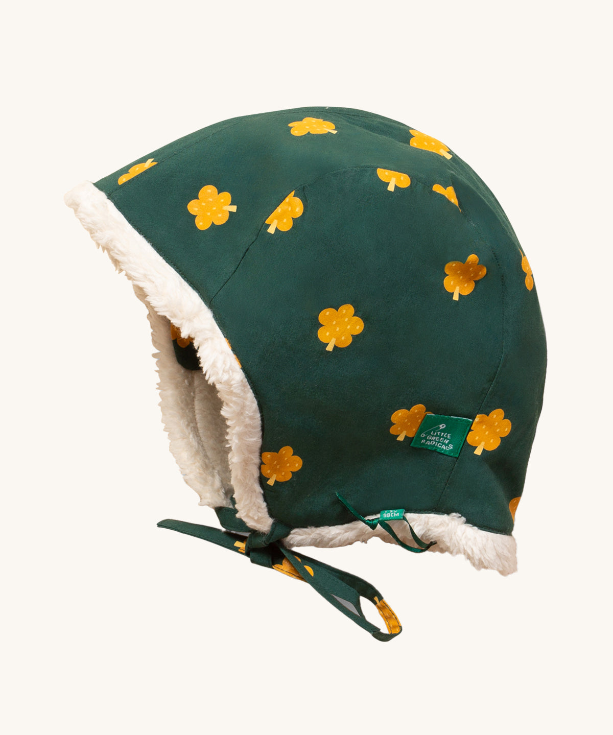 LGR Golden Leaves Sherpa Hat. A dark green fabric with golden leaf print, a tie chin strap and a cosy fleece lining